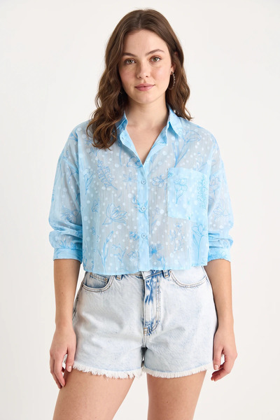 Efnaz style Women's Floral Patterned Half Sleeve Single Pocket Detailed Jacqu...