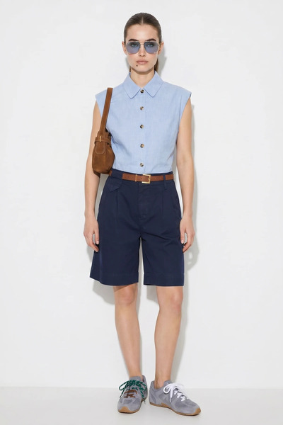Efnaz style Women's High Waist Pleated Detailed Belted Bermuda Navy Blue Shorts