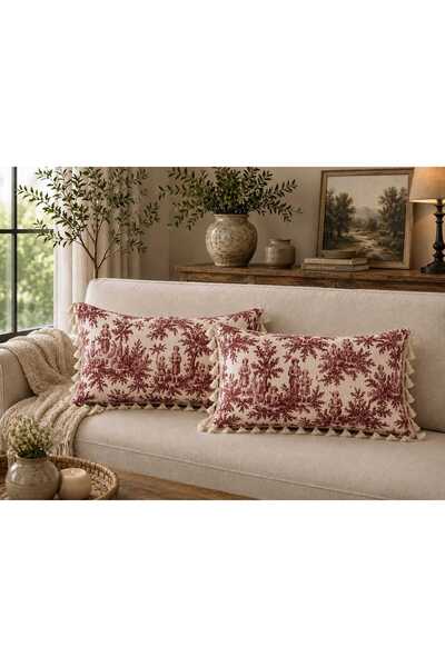 linea natura home غطاء وسادة مزخرف بنمط ريفي فرنسي من قماش داك مع شراشيب - طقم من قطعتين