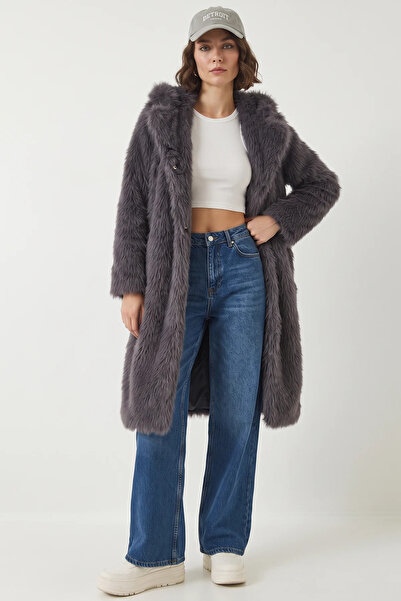 Efnaz style Women's Long Fur-Lined Anthracite Coat