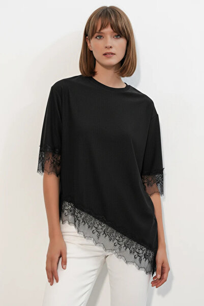 Generic Brand Women's Round Neck Lace Detailed Oversize Black Blouse
