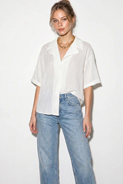 Efnaz style Women's Open Collar Self-Striped Oversize Short Sleeve White Shirt