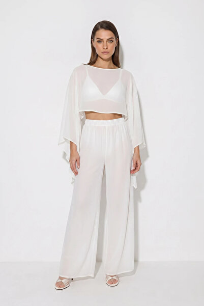 Şeker Portakalım Women's Chiffon Cape Blouse and Elastic Waist Loose Pants Se...
