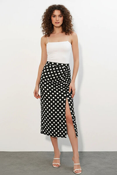 Generic Brand Women's Gathered Waist Slit Polka Dot Black Skirt