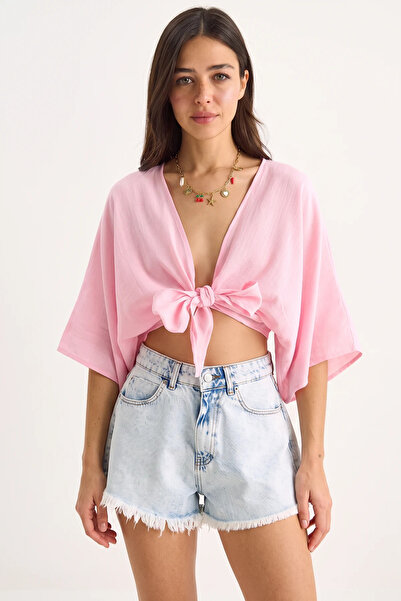 Efnaz style Women's Wide Sleeve V-Neck Tie Detailed Muslin Candy Pink Blouse