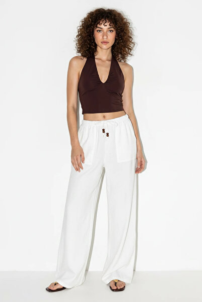 Efnaz style Women's Elastic Waist Cotton Loose White Trousers with Pocket Detail
