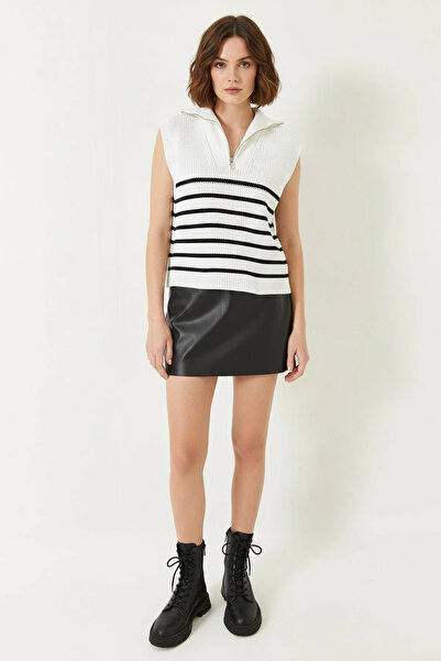 Efnaz style Women's Zippered Thessaloniki Knitted Sweater White Black