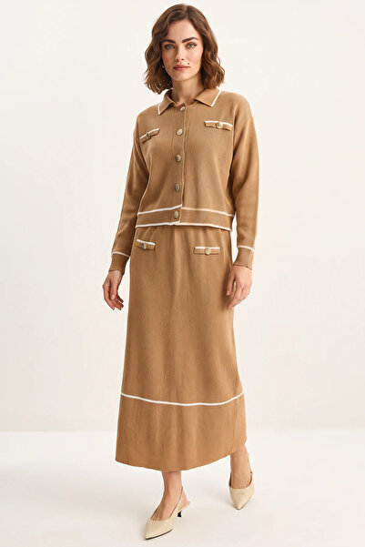 Şeker Portakalım Women's Gold Button Detailed Long Skirted Knitwear Camel Bot...
