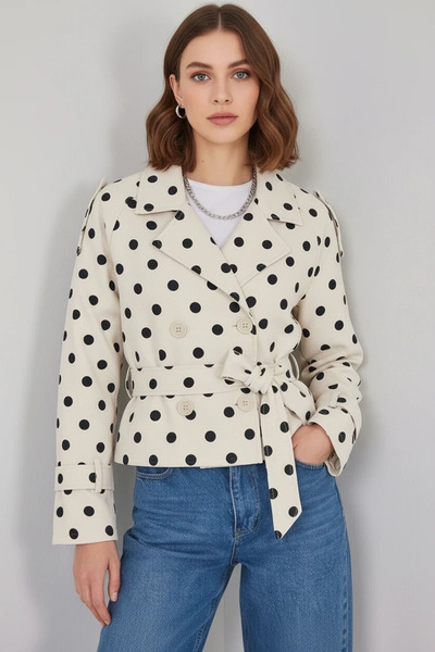 Efnaz style Women's Belted Short Trench Coat - Ecru