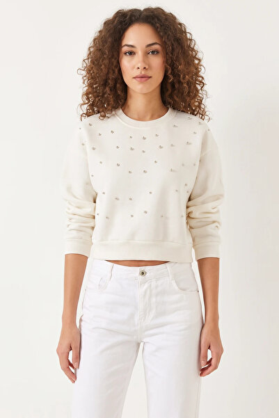 Efnaz style Women's Crew Neck Sweatshirt with Pearl Buttons on the Front, Thr...