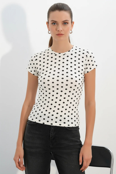 Şeker Portakalım Women's Crew Neck Short Sleeve Polka Dot White Blouse