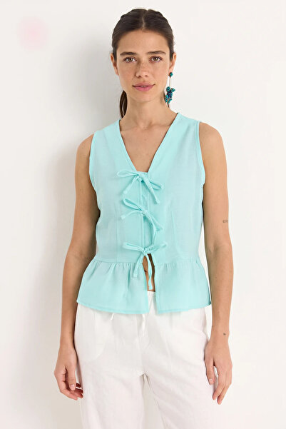 Efnaz style Women's V-Neck Bow Detailed Peplum Muslin Water Green Blouse