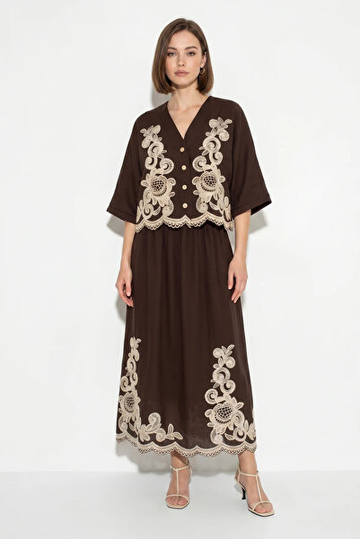 Şeker Portakalım Women's Embroidery Detailed Bat Sleeve Shirt Lined Bitter Br...