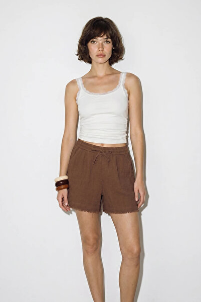 Efnaz style Women's Elastic Waist Pocket Detailed Muslin Cotton Bermuda Bitte...