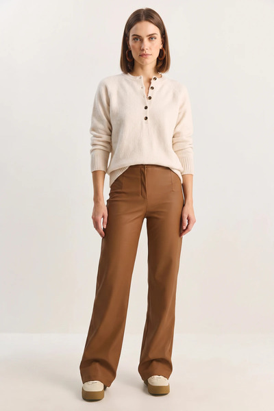Efnaz style Women's High Waist Matte Faux Leather Palazzo Camel Trousers