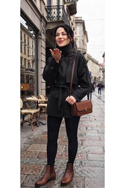LUCIA GLOBAL MODA Kadın SİYAH %70 Pamuk Orta Boy Kruvaze Yaka Kemerli Trençko...