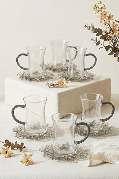 Kitchen Life 150 ml 12 Parça 6 Kişilik Borosilikat Cam Aura Kulplu Çay Takımı...