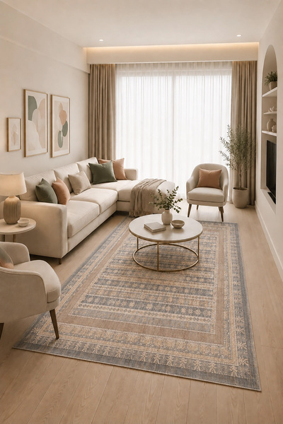 Modern Vintage Desenli Gri Bej Leke Tutmaz Salon, Oturma Odası ve Koridor Halısı