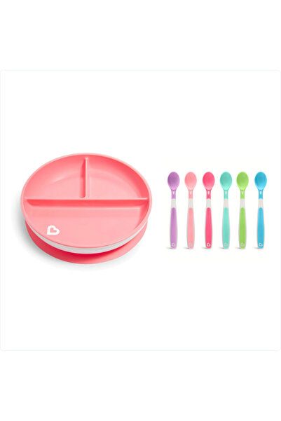 Munchkin Fixed Vacuum Feeding Plate |   6 Months+, 3-Compartment Pink and Sof...
