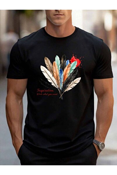 kai22 Men'S T Shirts Crew Neck Feathers Colorful Watercolor Art Design Commut...