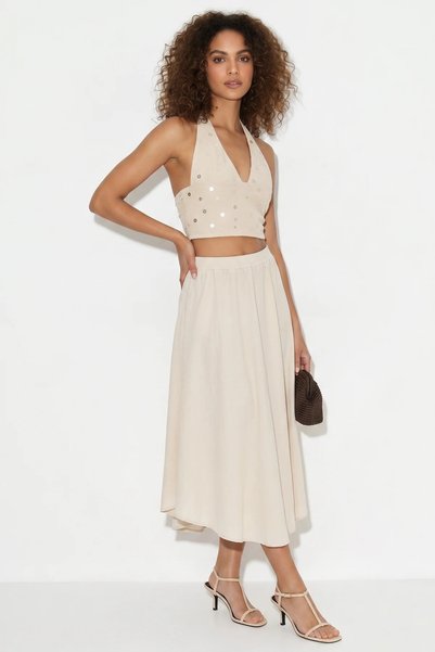 Generic Brand Women's Elastic Waist Lined Asymmetrical Cut Muslin Crinkle Cream Skirt