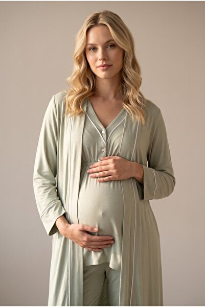 LOHOUSE Women's Green Ribbed Buttoned Maternity Pajama Set with Dressing Gown
