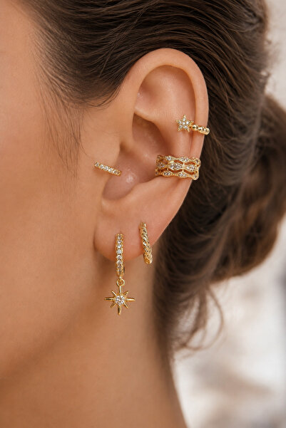 Sacce Scarves&Accessories 5 Parça 14K Gold Kulak Kombin Seti Zirkon Taşlı Küpe ve Earcuff