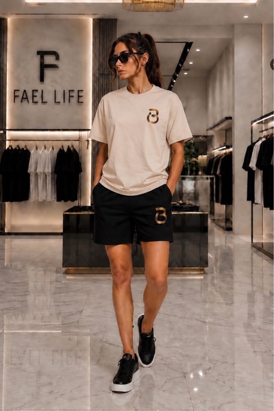 FAEL LİFE Unisex Comfortable Fit T-Shirt and Shorts B Gold Printed Set