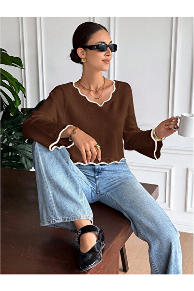 Nimas Women's V-Neck Contrast Detailed Knitwear Sweater