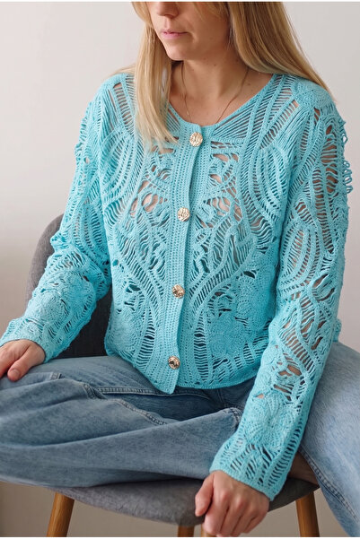 FEMELLE Turquoise Crochet Cardigan with Buttons Standard Size