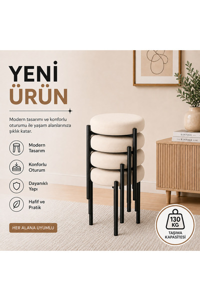 EVDERA MOBİLYA CEMRE 4LÜ PUF TABURE BENCH MAKYAJ SANDALYESİ SİYAH AYAK