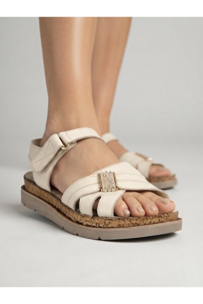 Mammamia 2905 Cream Color Genuine Leather Velcro Women's Daily Sandals - 4.5 cm