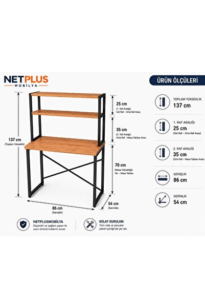 NETPLUSMOBİLYA 2 RAFLI METAL DERS CALIŞMA MASASI LAPTOP VE BİLGİSAYAR MASASI