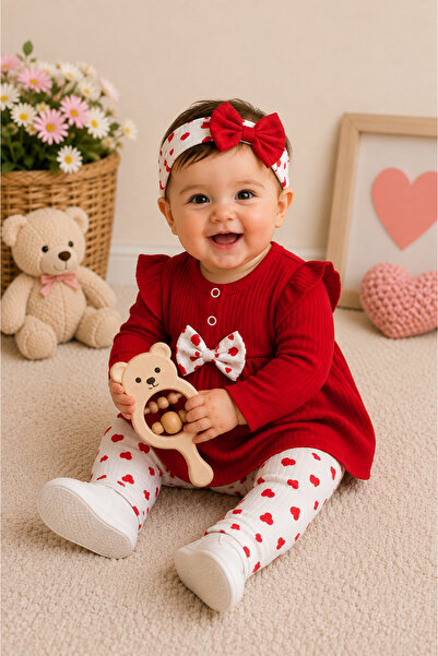 mini kanka Baby Girl Ribbed Bandana with Bow and Heart Detail, 0-24 Months Ba...