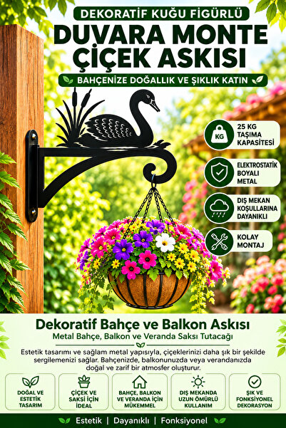 Saklı Home Kuğu Figürlü Metal Çiçek Askısı – Duvara Monte Saksı Tutacağı – De...
