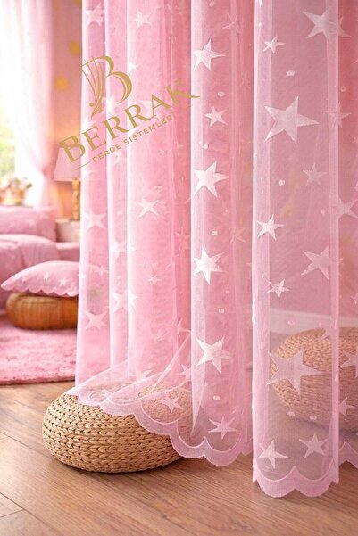 BerrakPerde Pembe Yıldızların Altında 1x2 seyrek Pile modern tül perde