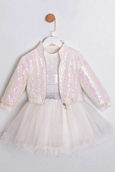 NOBLEKIDS Girl's Sequined Vest T-Shirt and Tutu Skirt 3-Piece Set Ecru
