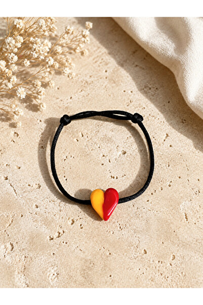 Atelier Çağla Yellow Red Glass Murano Heart Black Bracelet