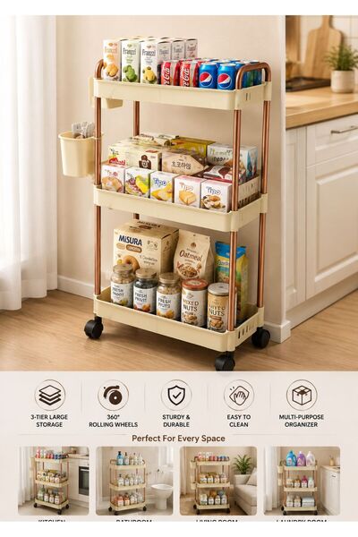 TSUMAB 3-Tier Multipurpose Rolling Storage Rack with 360° Wheels, Side Basket...