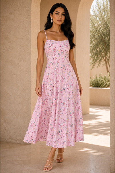 1434 Polo State Women's Thin Strap Floral Patterned Midi Dress - Powder Pink
