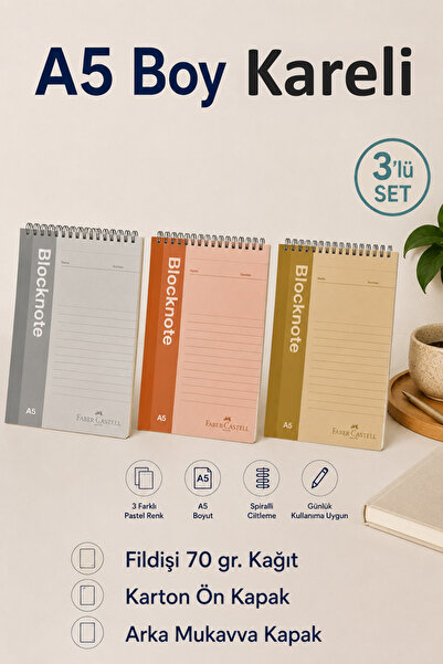Faber Castell 3 Faber Notepads, Checkered, A5 Size, 80 Pages