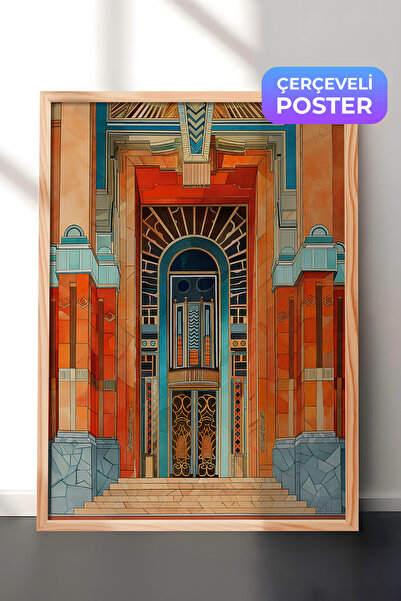 Zestia Pictură murală Art Deco cu ramă din lemn, Intrare în clădire istorică,...