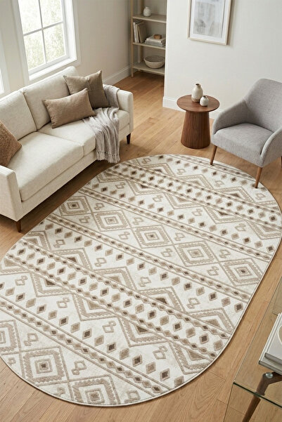 Raschel Carpet Oval Premium Yıkanabilir Leke Tutmaz Modern Kilim Etnik Bej Re...