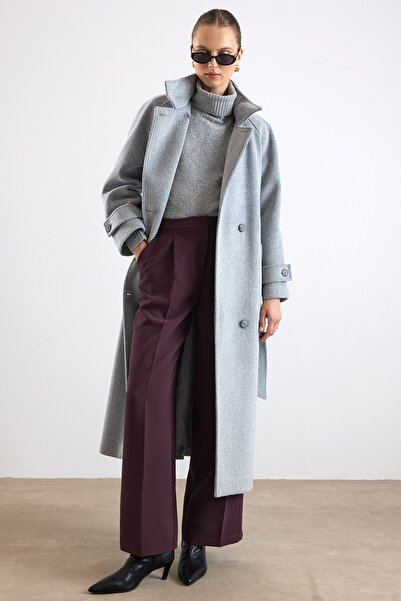 Olcay Dik Yaka Pat Detaylı Oversize Kaban AÇIK GRİ 3177