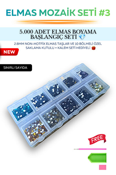 5000 Adet Kristal Elmas Mozaik/Diamond Painting Taş Seti ||| - 10 Renk Ayrı Kapaklı Organizer Kutu ve Uygulama Kalem Seti Hediyeli