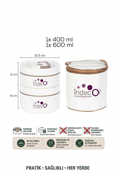 İndecor Houseware Isı Yalıtımlı Çantalı 2 Parça Vakumlu Lunch Box Yemek Termosu Beslenme Kutusu Sefer Tası