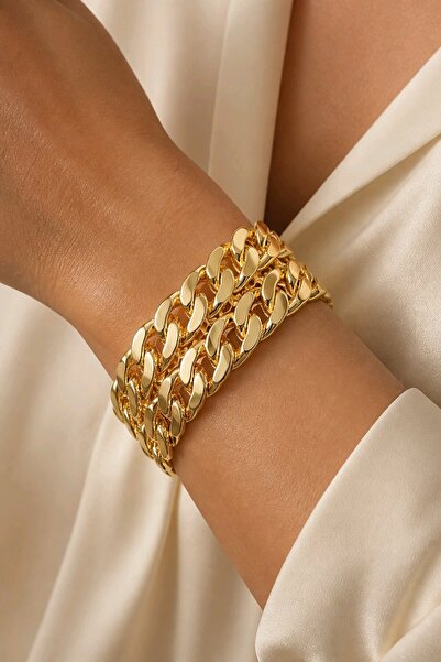mosmoda 14K Gold Çift Zincir Tasarım Bileklik Kelepçe