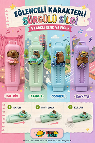 neptünstore Kapibara Figürlü Sürgülü Silgi – Sevimli Karakterli Asorti Renk