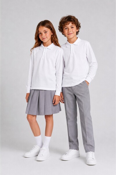 The Clover Girls & Boys Unisex White 100% Cotton Polo Collar Long Sleeve 2-Pi...