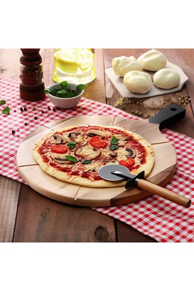 NO BRAND Tocător de pizza rotund din lemn de 30 cm cu caneluri + 2 cuțite de ...